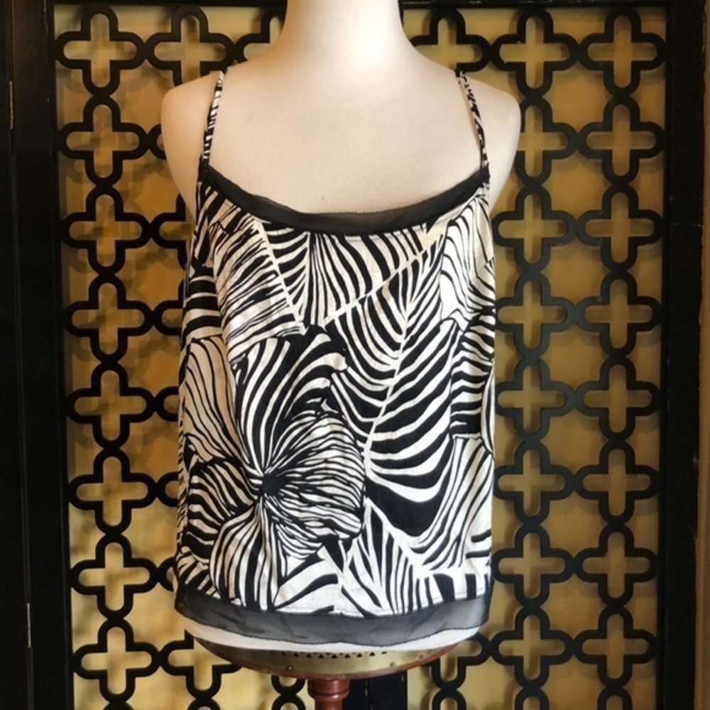 TOMMY BAHAMA 100 % SILK BLACK & WHITE PALM CAMI BLOUSE‎ Size Medium